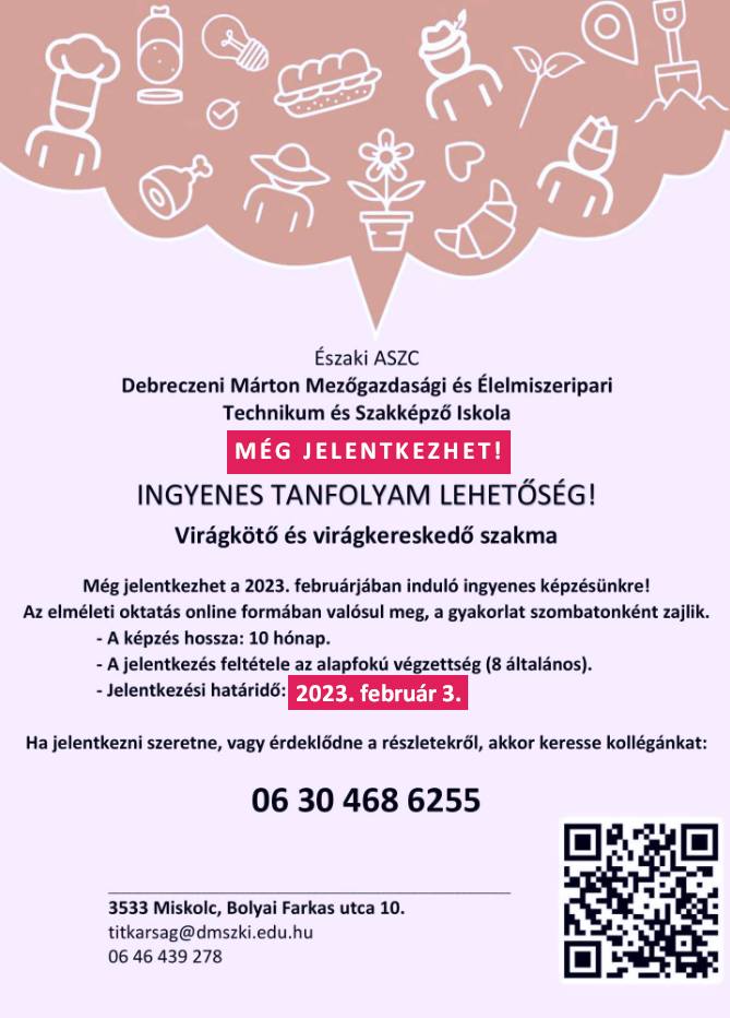 A debreceni Mérnöktechnikai és Informatikai Szakgimnázium és Kollégium február 10-i nyílt napot hirdető plakátja qr kóddal és elérhetőséggel.