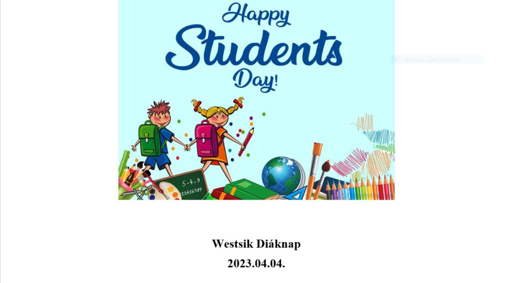 A "boldog diákok napját" ünneplő színes illusztráció két animációs gyerekkel, könyvekkel, földgömbbel és iskolai felszerelésekkel, 2023. április 4-én.