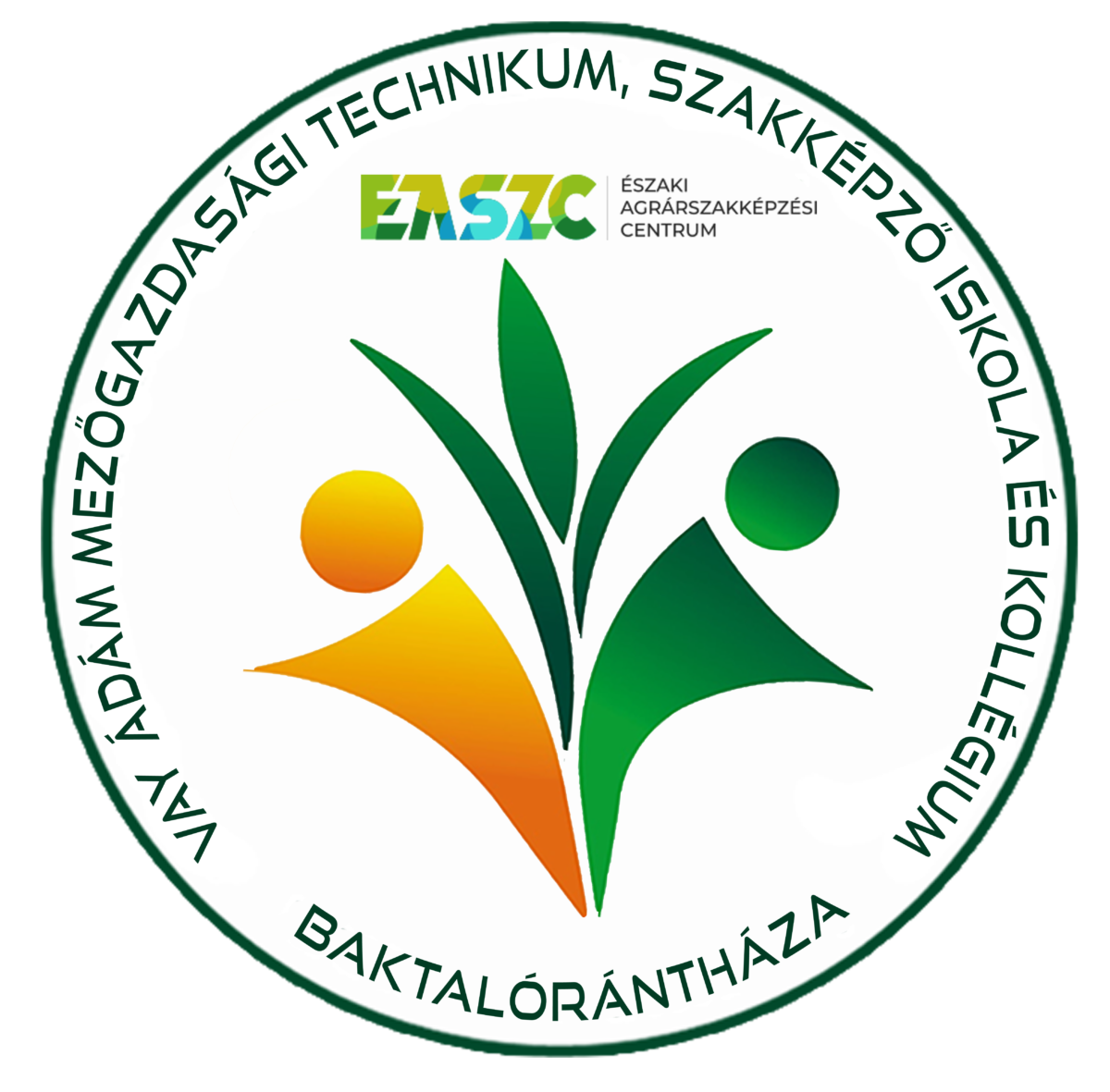 Easzc kör alakú logója, két stilizált emberalaktal zöld és narancssárga növényi motívumokban, körülötte a baktalórántházi oktatási központot azonosító magyar szöveg.