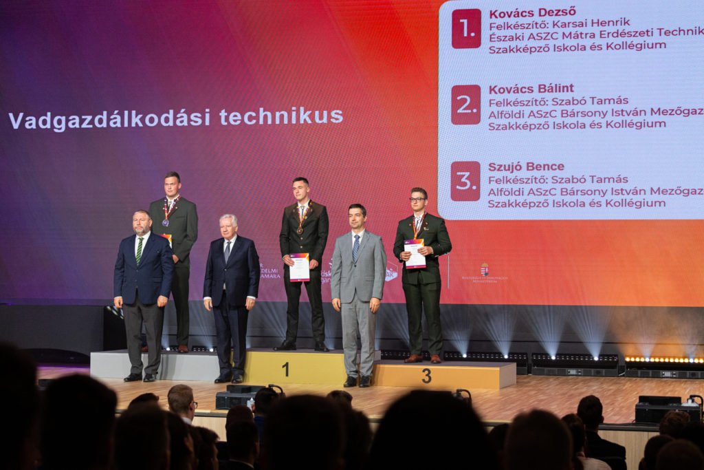 Hat személy áll a színpadon, kitüntetésekkel a kezében, a háttérben egy digitális eredményjelzővel, amely magyarul tartalmazza a neveket és az iskolákat. az esemény hivatalos verseny vagy elismerési ceremónia.