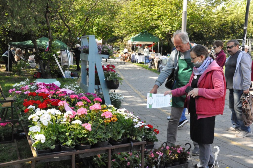Egy férfi és egy nő megvizsgál egy brosúrát egy szabadtéri virágpiacon, élénk fehér, rózsaszín és piros virágokkal. a háttérben más vásárlók és standok láthatók.