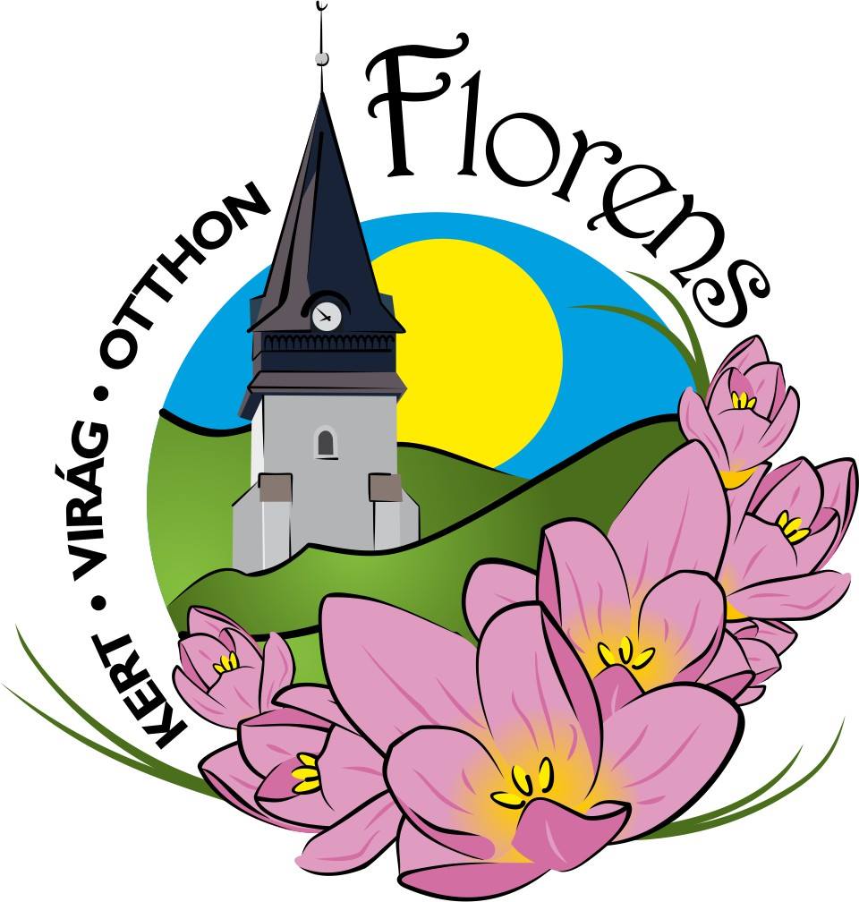 Stilizált templomtornyot ábrázoló embléma a felkelő nap alatt, dombok felett, rózsaszín tulipánokkal körülvéve. szöveg fölött "florens virág otthon", alatta pedig "kert".