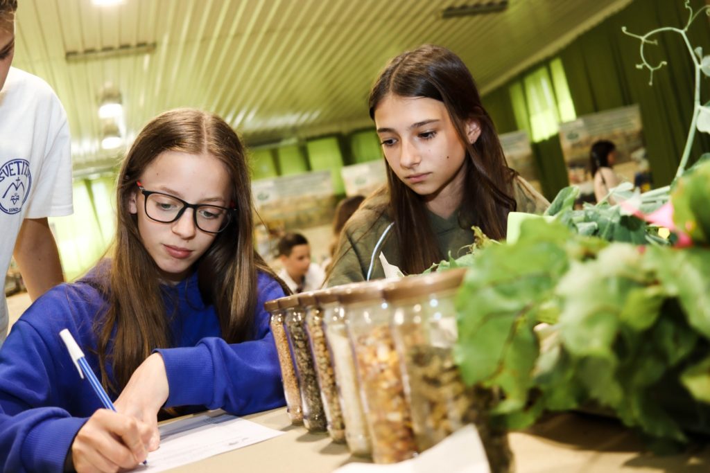 Két lány egy tevékenységre összpontosít egy tudományos vagy természeti kiállításon. Az egyik szemüveges lány a vágólapra ír, a másik nézi. Előttük sorakoznak a különféle magvakat vagy szemeket tartalmazó üvegek, az asztalon pedig a növények kerülnek.