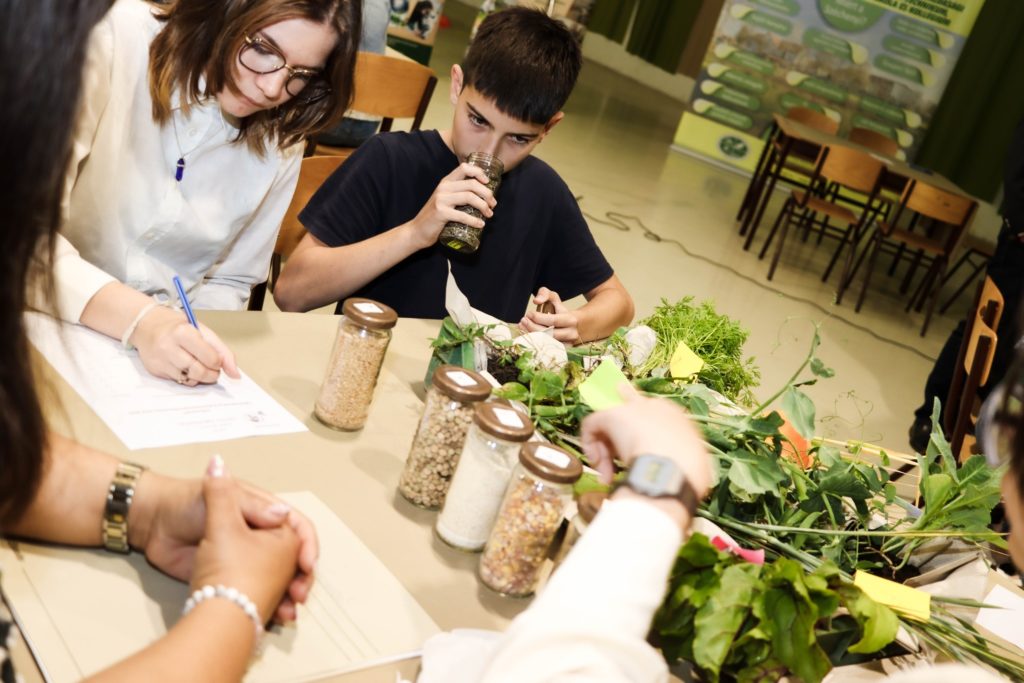 Diákok ülnek egy asztal körül, és különféle növényeket és magvakat vizsgálnak. Az egyik diák egy tégely tartalmát szagolja, míg mások jegyzetelnek. Az asztal tele van zölddel és oktatási anyagokkal, jelezve az osztálytermet vagy a műhelyt.