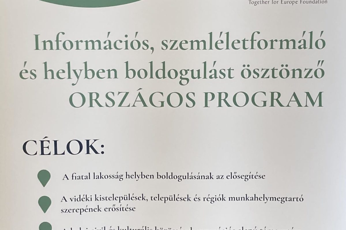 Az „Országos Program” plakátja magyar nyelvű címmel, valamint különféle találkozó- és bemutatójelenetek képeivel. A program célja a helyi jólét elősegítése, a fiatalok boldogságának támogatása, a vidéki térségek újjáélesztése és a közösségek megerősítése.