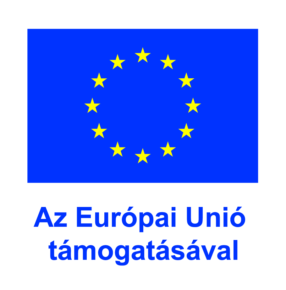 Kék zászló tizenkét sárga csillagból álló körrel a közepén, amely az Európai Uniót jelképezi. A zászló alatt magyar nyelvű szöveg olvasható: „Az Európai Unió támogatásával”, ami azt jelenti, hogy „Az Európai Unió támogatásával”.