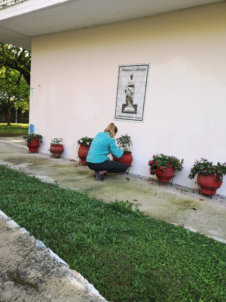 Egy kék kabátot és farmert viselő személy leguggol, hogy a rózsaszín fal tövében elhelyezett cserepes növényekre vigyázzon. A falon egy poszter van, amelyen egy nő kép és szöveg látható. A talaj füves, és úgy tűnik, hogy a terület a szabadban van.