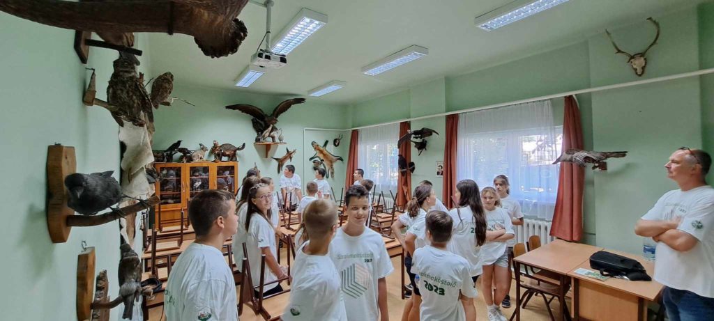 Egy csoport gyerek és egy felnőtt fehér pólót viselve gyűlik össze egy teremben, amelyet különféle lovas madár- és állatpéldányok díszítenek. A szoba zöld falaival, fa székekkel és asztalokkal, a mennyezeten pedig fluoreszkáló lámpákkal rendelkezik.