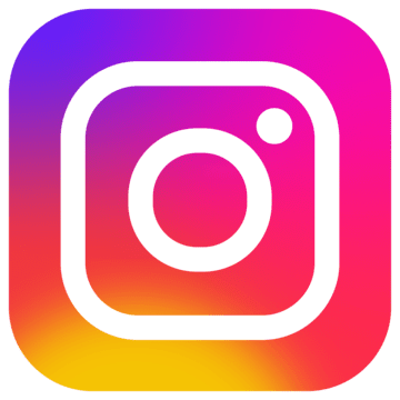 Instagram logó: a kamera lencséjének és keresőjének fehér körvonala egy lekerekített négyzeten belül, lilától rózsaszínig, narancssárgáig és sárgáig változó színátmenetes háttérrel.