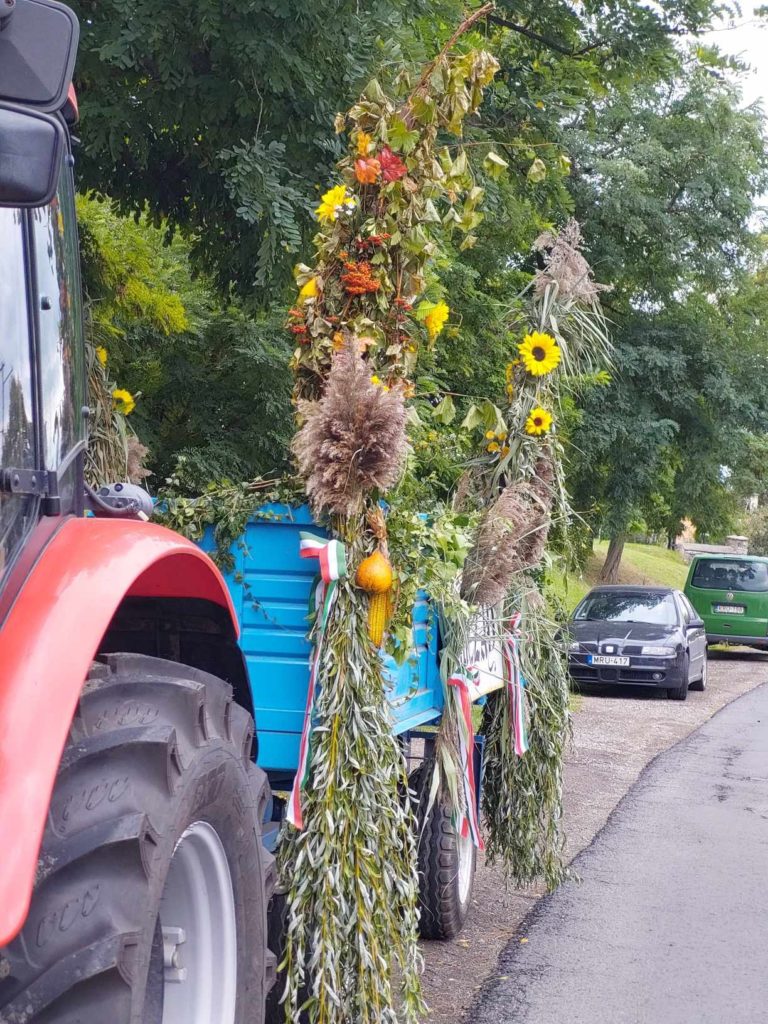 A piros traktorra erősített díszes utánfutó tele van különféle növényekkel, napraforgókkal és ünnepi szalagokkal. Az utánfutó egy úton van, zölddel és fákkal a háttérben. Egy zöld autó parkol az út végén.