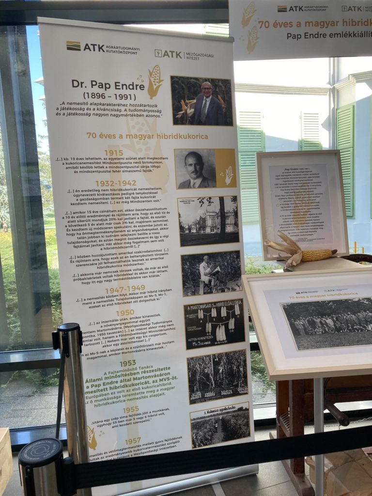 Dr. Pap Endre tiszteletére kiállított kiállítás látható. A kijelzőn egy álló transzparens látható 1915 és 1957 között, fényképekkel és szövegekkel. A közelben egy üveges vitrin, könyvvel és bekeretezett képpel. A háttérben ablakok és növényzet látható.