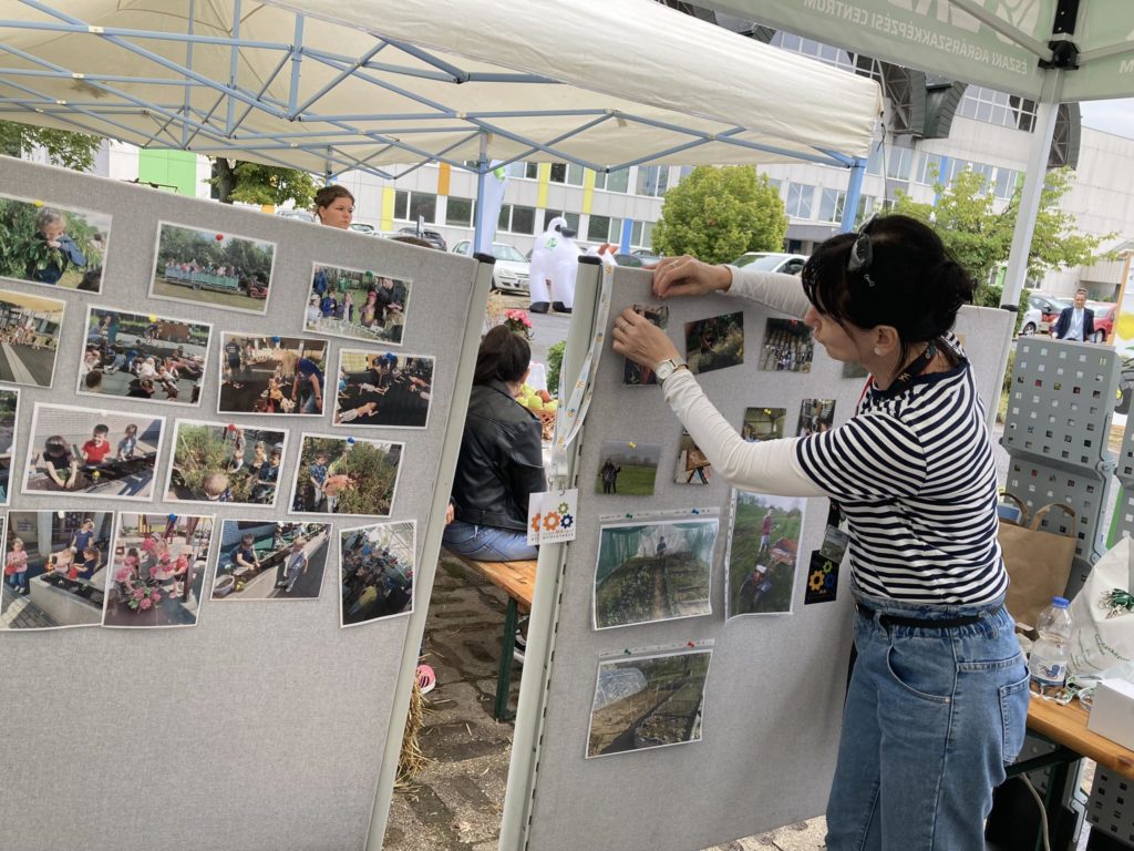 Egy nő csíkos ingben és farmerben fotókat rendezeget egy szabadtéri rendezvényen. Számos fotókollázs látható körülötte a táblákon. A háttérben más személyek és rendezvénysátrak láthatók.