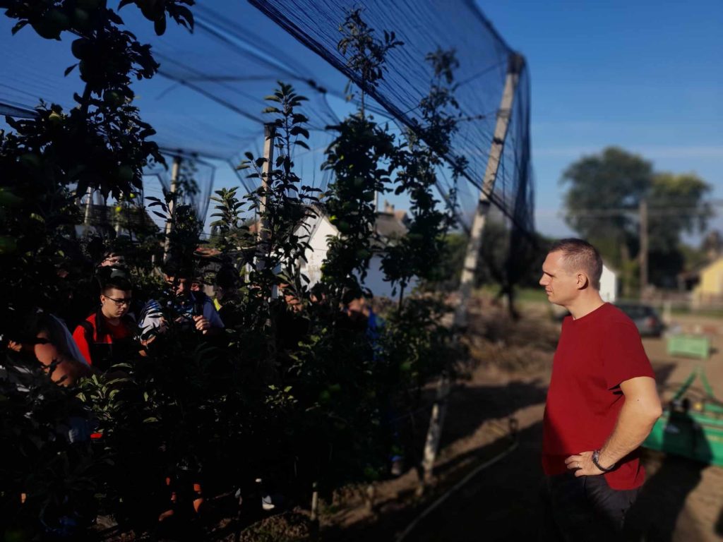 Egy piros inges férfi áll a szabadban néhány fánál, és egy embercsoporthoz szól. A csoport egy árnyékolt területen gyűlik össze háló alatt, miközben a férfi csípőre tett kézzel áll a napfényben. A háttérben tiszta kék ég és más fák láthatók.