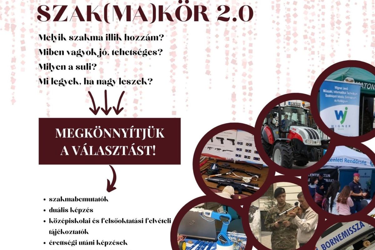 A „Szak(ma)kör 2.0” rendezvény plakátja, amelyen különböző standok és tevékenységek képei láthatók, magyar nyelvű szöveggel, amely az esemény részleteit tartalmazza. 2023. szeptember 15-én 10:00-15:00 óra között kerül sor Egerben, az Eszterházy téren.