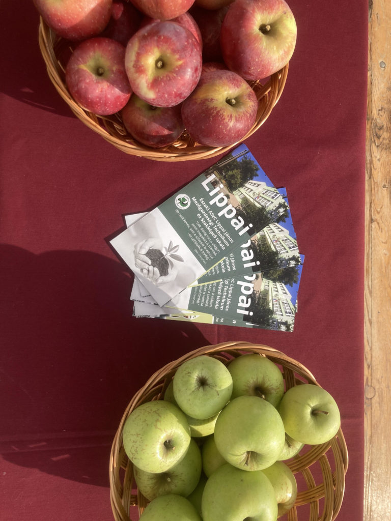 A vörös és zöld almából álló kosarak gesztenyebarna terítőn vannak kiállítva. A kosarak között egy almafesztiválról szóló tájékoztató brosúrákat raknak ki.