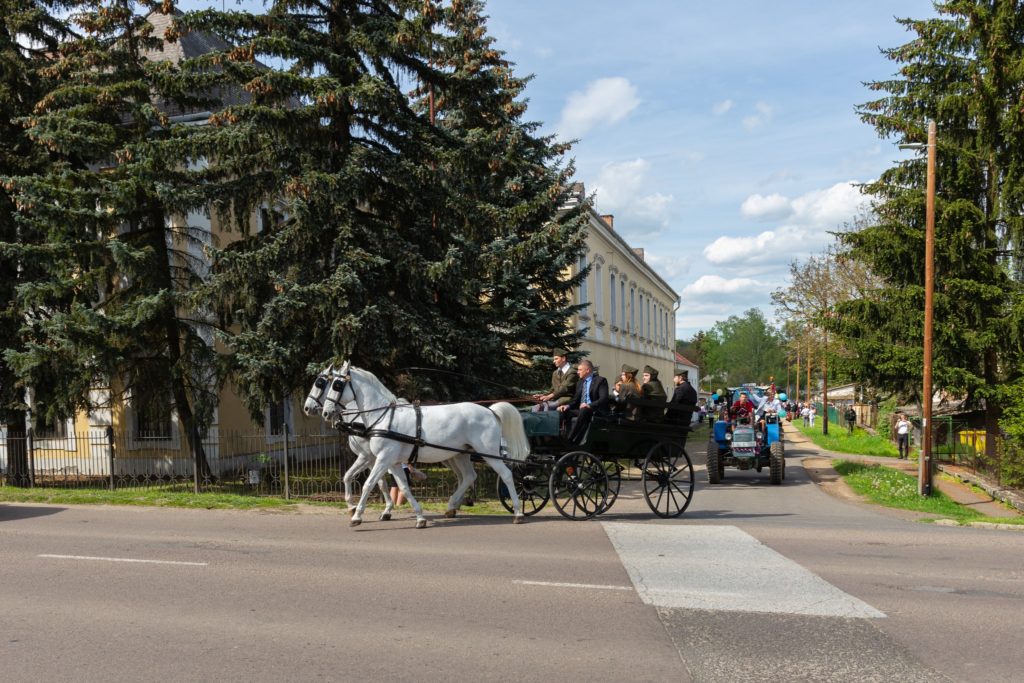 A nagy fákkal és épületekkel szegélyezett utcán egy lovas kocsi közlekedik két fehér lóval és több korhű öltözetű utassal. A háttérben egy másik lovas kocsi látható. Tiszta az ég, kevés felhő.