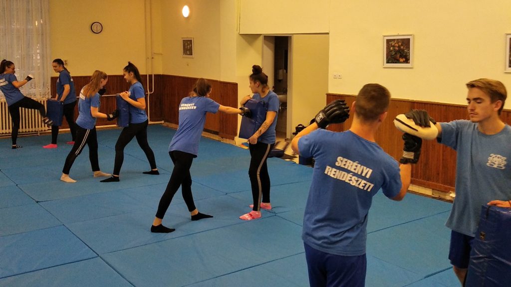 Egy kék ingbe öltözött embercsoport harcművészetet gyakorol egy tágas szobában, kék szőnyegekkel. A párok különféle edzési tevékenységekben vesznek részt, beleértve a sparring- és padmunkát. A falak világos színűek, keretezett képekkel.