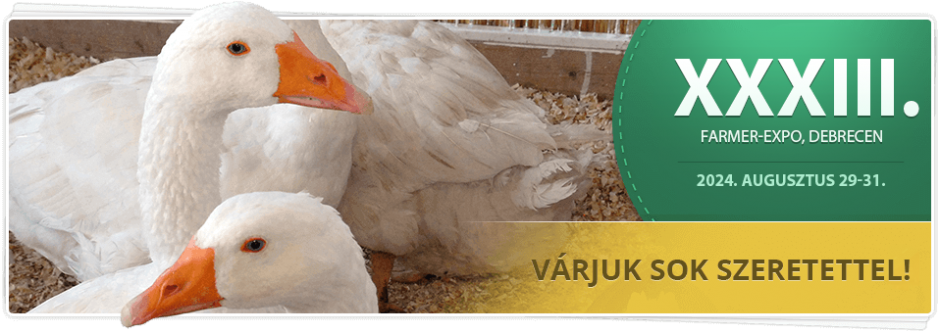 A képen a 2024. augusztus 29-31. között megrendezésre kerülő debreceni XXXIII Farmer-Expo promóciós bannerje látható. A háttérben két fehér liba látható narancssárga csőrrel egy szalmaágyon. A magyar nyelvű szöveg így szól: "Várjuk sok szeretettel!" (Szeretettel várunk!)