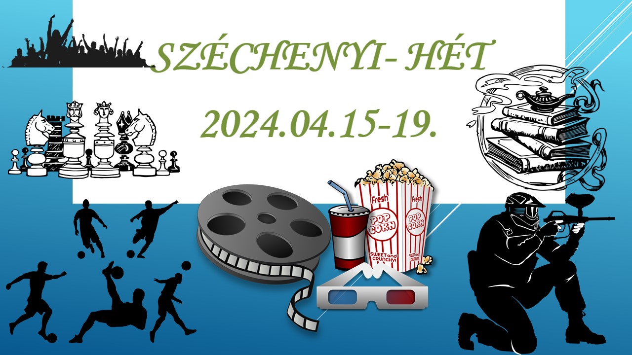A "Széchenyi-Hét" promóciós plakátja 2024.04.15-19. sakktábla ikonjai, könyvek, focisták, filmtekercs, 3D-s szemüveg, popcorn és paintball játékos. A háttér kék-fehér, tetején a város sziluettje látható.