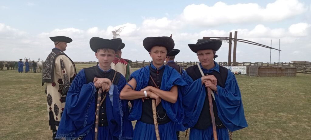 Három fiatal férfi látható kék népviseletbe öltözve, mindegyikük egy hosszú fabotot tart kezében. A történelmi viseletre jellemző kalapot viselnek. A háttérben többen is hasonló öltözékben gyűlnek össze, a részben felhős ég alatt egy nagy faszerkezet és kerítés látható.