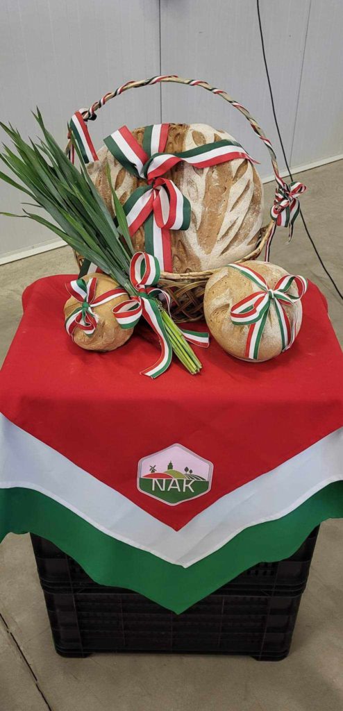 A magyar zászló színeiben (piros, fehér és zöld) szalaggal díszített három vekni kenyér kirakása egy piros-fehér, zöld szegélyű, „NAK” logóval ellátott kendő tetején. Hasonló szalagokkal átkötött zöldhagyma köteg is az asztalon.