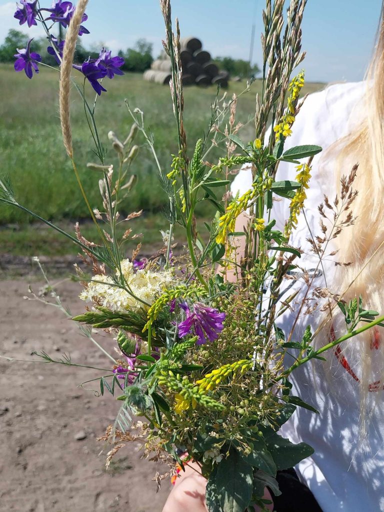 Egy részben látható, szőke hajú személy egy csokor vadvirágot tart, köztük lila, sárga és fehér virágokat, a háttérben egy földút és egy zöld mező, a távolban szénabálákkal, a tiszta kék ég alatt.