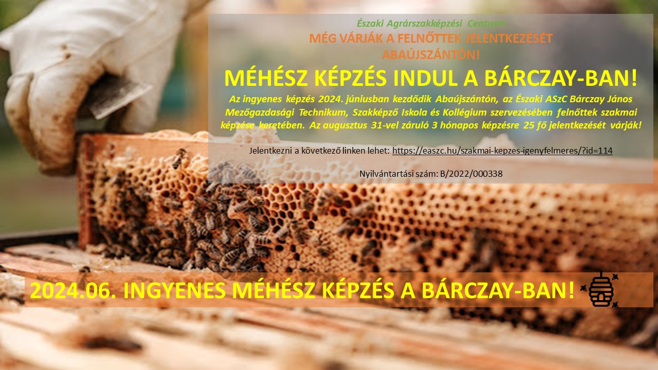 Egy közeli méhészeti keretek méhsejttel és méhekkel. Magyar nyelvű fedőszöveg ingyenes méhészeti képzést hirdet 2024-től a Bárczay ASC-nél. A kép a regisztrációs adatokat és a QR-kódot tartalmazza.