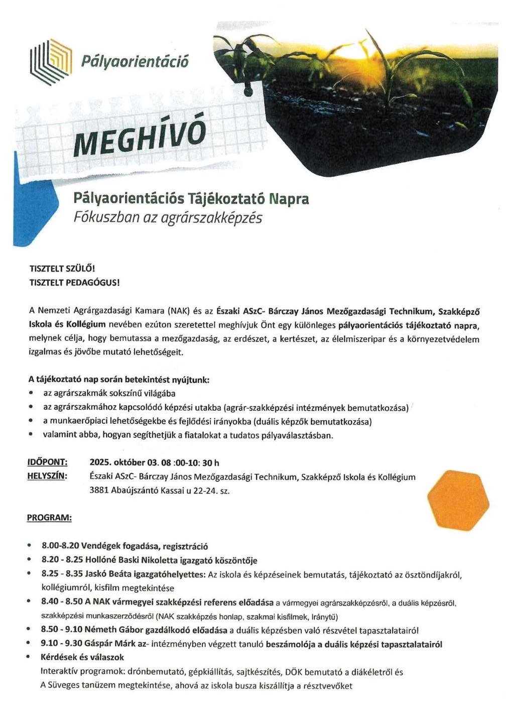 Bárczay meghívó pályaorientációs lap